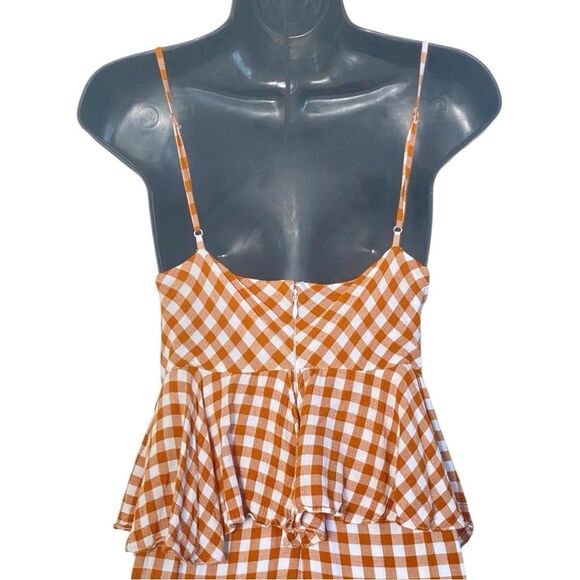 Saylor Laken Sparrow Brown White Gingham Peplum Tie Front Jumpsuit Sz M - Picture 9 of 16
